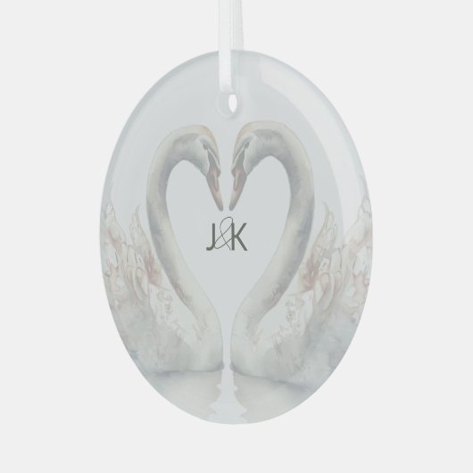 Romantische Schwäne Hochzeitspaare Monogram Ornament Aus Glas (Vorderseite links)