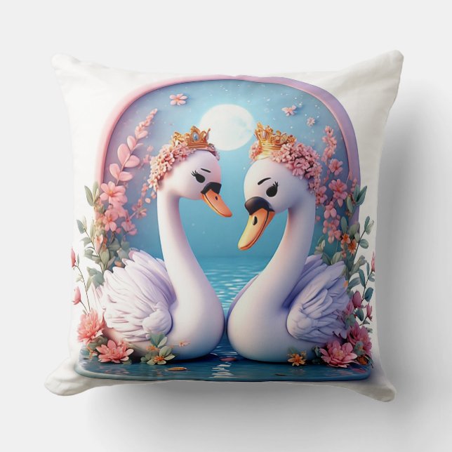 Romantische Schwäne in Blume dekoriert Kissen (Vorderseite)