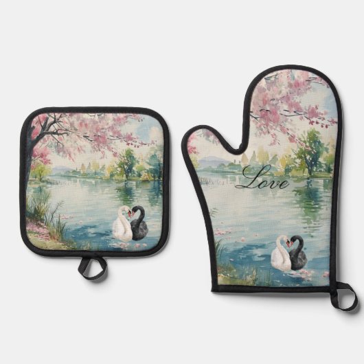 Romantische Schwäne Liebe Ofenhandschuh & Topflappen-Set (Vorderseite)