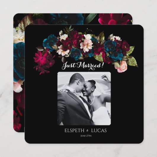 Romantische Schwarz-, Burgund- und Aquamarine Blum Ankündigung (Vorne/Hinten)