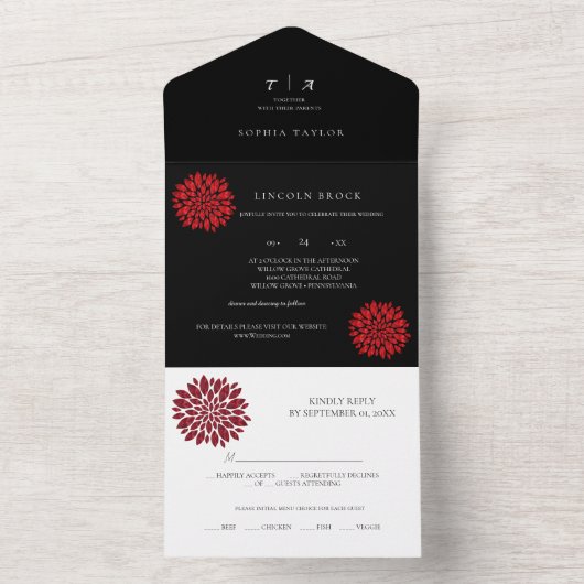 Romantische Schwarz-Navy-Monogram-Hochzeit All In One Einladung (Innen Boden)