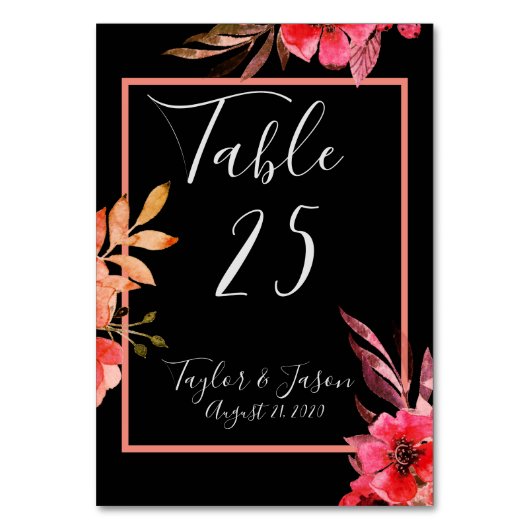 Romantische Schwarz-Orange-Blumenschrift Tischnummer (Vorderseite)