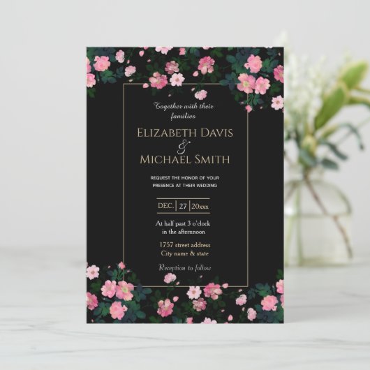 Romantische Schwarz Rosa Rosen Blumenmalerei Einladung (Stehend Vorderseite)