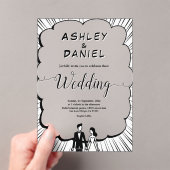 Romantische Schwarz-Weiß-Comic-Hochzeit Acryleinladungen (Insitu (Handheld))