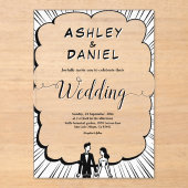 Romantische Schwarz-Weiß-Comic-Hochzeit Acryleinladungen (Vorderseite)