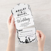Romantische Schwarz-Weiß-Comic-Hochzeit All In One Einladung (Abreißen)