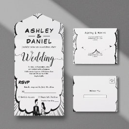 Romantische Schwarz-Weiß-Comic-Hochzeit All In One Einladung