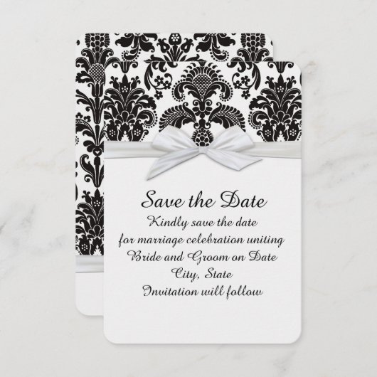 Romantische Schwarz/Weiß Damask Save the Date (Vorne/Hinten)