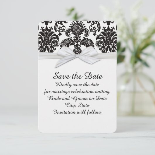 Romantische Schwarz/Weiß Damask Save the Date (Stehend Vorderseite)