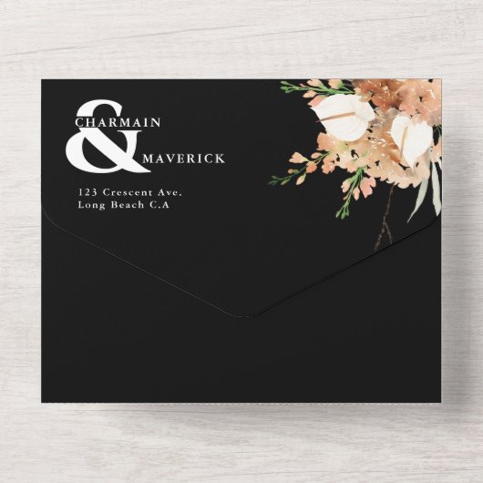 Romantische Schwarz-Weiß-QR-Codierung Hochzeit All In One Einladung (Rückseite)