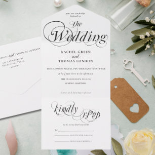 Romantische Schwarz-weiße Hochzeit All In One Einladung