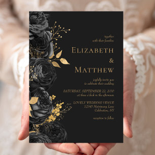 Romantische schwarze Gold-Blumen-Dunkle Hochzeit Einladung