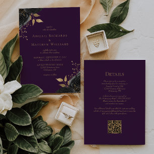 Romantische schwarze Gold-Blumen-Hochzeit mit QR-C Einladung