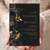 Romantische Schwarze-Gold-Blütenblume Einladung