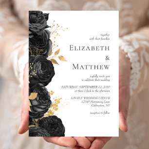 Romantische Schwarze-Gold-Flora-Hochzeit Einladung