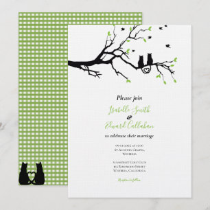 Romantische schwarze Katzen in Tree Green Gingham  Einladung