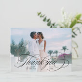 Romantische Schwarzkalligraphie 2 Foto Hochzeit Dankeskarte (Stehend Vorderseite)