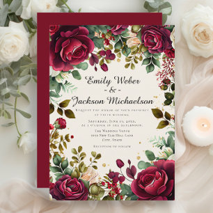 Romantische Script Burgundy Floral Wedding Einladung