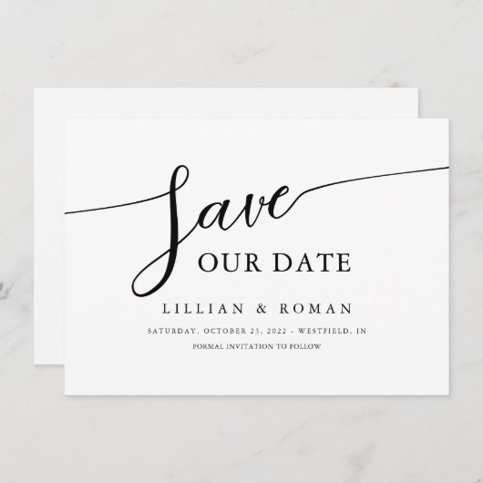 Romantische Script Calligraphy Black & White Weddi Save The Date (Vorne/Hinten)
