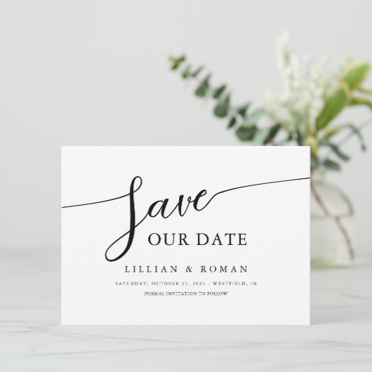 Romantische Script Calligraphy Black & White Weddi Save The Date (Stehend Vorderseite)