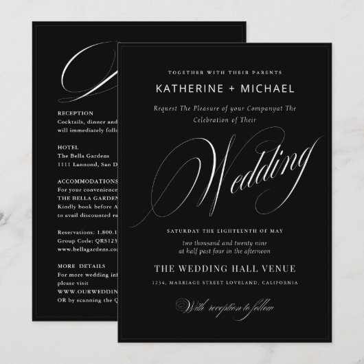 Romantische Script Calligraphy&Details QRcode Wedd Einladung (Vorne/Hinten)