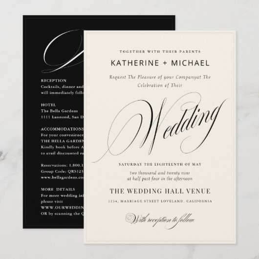 Romantische Script Calligraphy&Details QRcode Wedd Einladung (Vorne/Hinten)