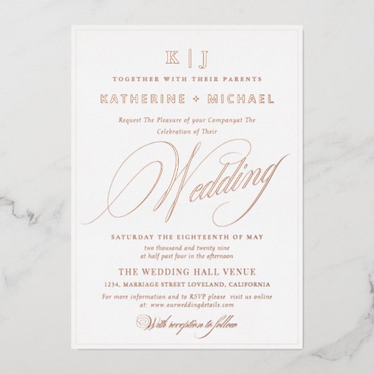 Romantische Script Calligraphy Monogram Gold Weddi Folieneinladung (Vorderseite)