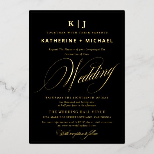 Romantische Script Calligraphy Monogram Gold Weddi Folieneinladung (Vorderseite)