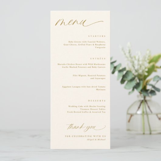 Romantische Script Cream und Gold Wedding Menus Menükarte (Stehend Vorderseite)