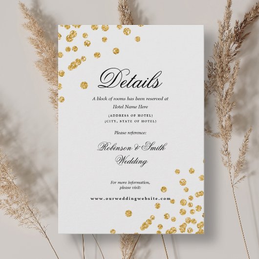 Romantische Script Gold Confetti Hochzeitsdetails Begleitkarte