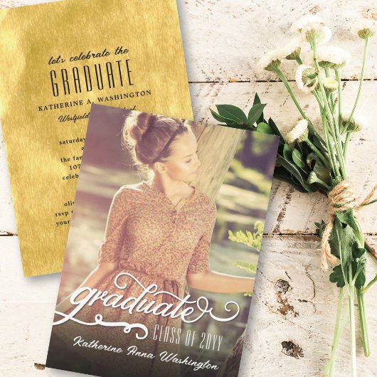 Romantische Script Gold Foil Foto Graduation Party Einladung