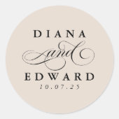 Romantische Script Light Brown Hochzeit Runder Aufkleber (Vorderseite)
