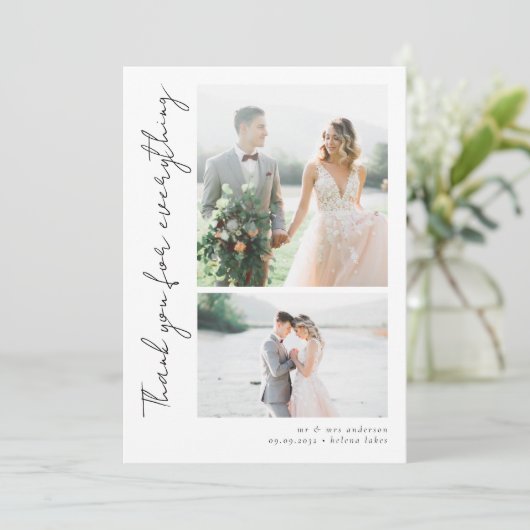 Romantische Script-Multiple-Foto-Hochzeit Dankeskarte (Stehend Vorderseite)