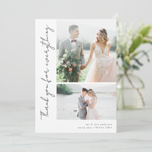 Romantische Script-Multiple-Foto-Hochzeit Dankeskarte (Stehend Vorderseite)