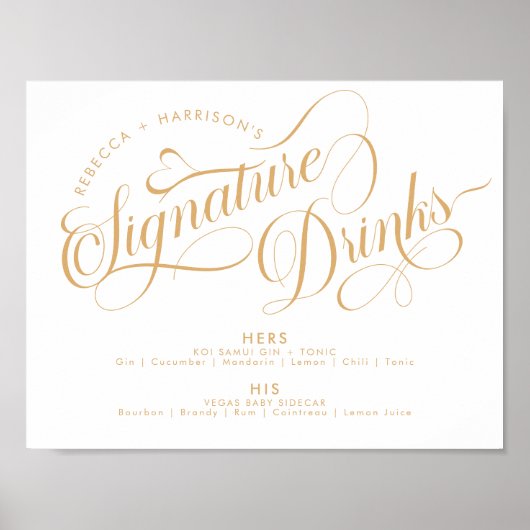 Romantische Script Signature Drinks Hochzeit Bar G Poster (Vorne)