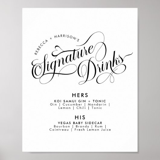 Romantische Script Signature Drinks Hochzeit Bar Poster (Vorne)