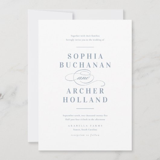 Romantische Script Typografie Dusty Blue Wedding Einladung (Vorderseite)