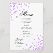 Romantische Script Wedding Confetti Lila Menükarte (Vorderseite)
