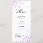 Romantische Script Wedding Confetti Lila Menükarte (Vorderseite)