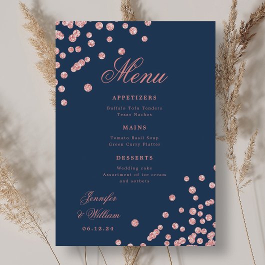Romantische Script Wedding Confetti Rose Gold Navy Menükarte
