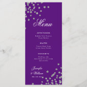 Romantische Script Wedding Confetti Silver Lila Menükarte (Vorderseite)