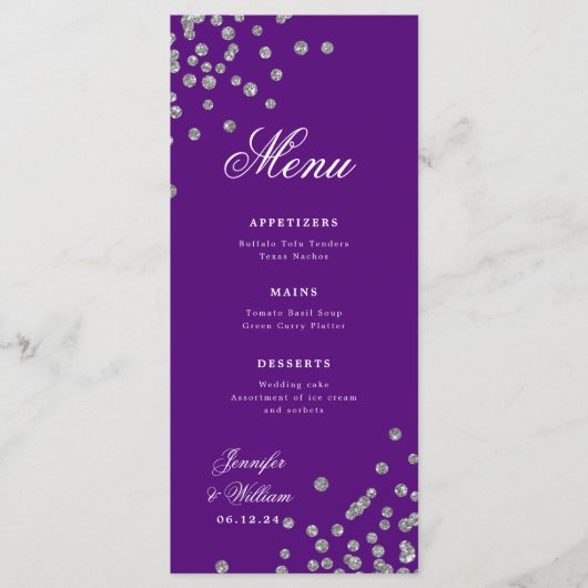 Romantische Script Wedding Confetti Silver Lila Menükarte (Vorderseite)