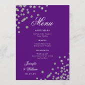 Romantische Script Wedding Confetti Silver Lila Menükarte (Vorderseite)