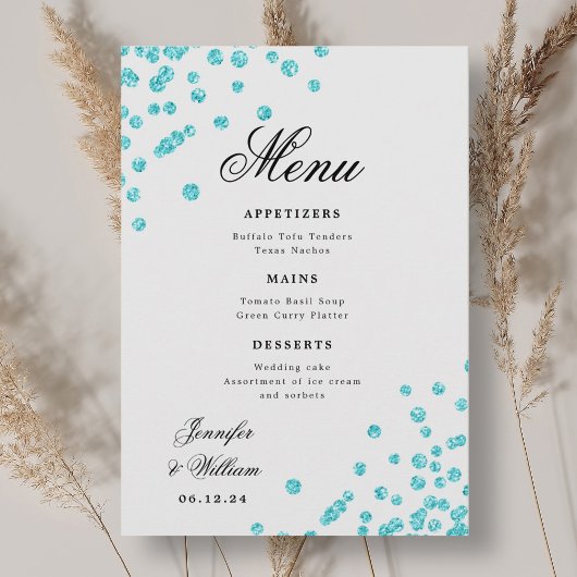 Romantische Script Wedding Confetti Türkis Menükarte