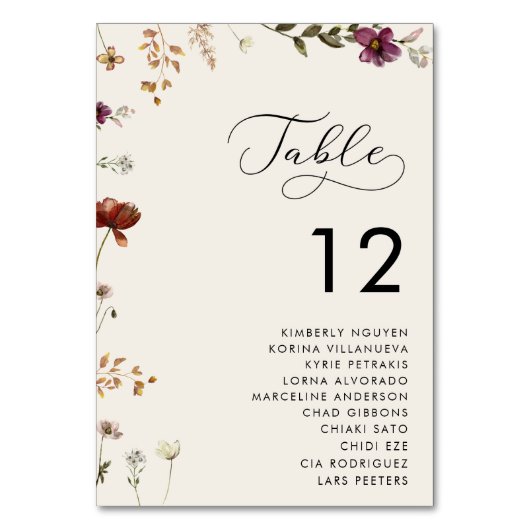 Romantische Script-Wildblumen Elfenbeinsitzdiagram Tischnummer (Vorderseite)