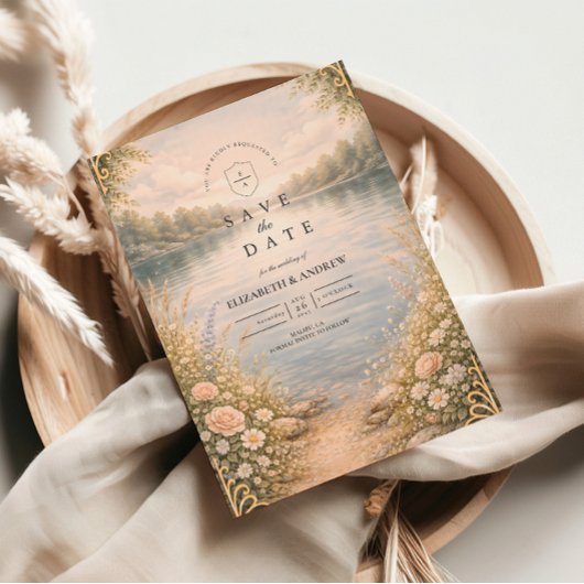 Romantische See-Wildblumen-Wald-Hochzeit Save The Date