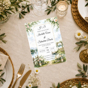 Romantische Seeblick-Garten-Eleganz-Hochzeit Einladung