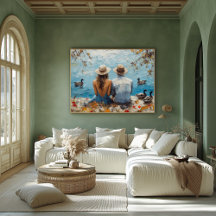 Romantische Seenlandschaft mit Enten und Paaren