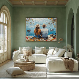 Romantische Seenlandschaft mit Enten und Paaren Poster