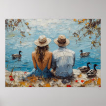 Romantische Seenlandschaft mit Enten und Paaren